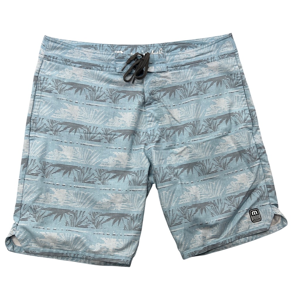 TravisMathew 4-Way Stretch Board Shorts Size 38 Blue Mens Palm Print Swim Trunks